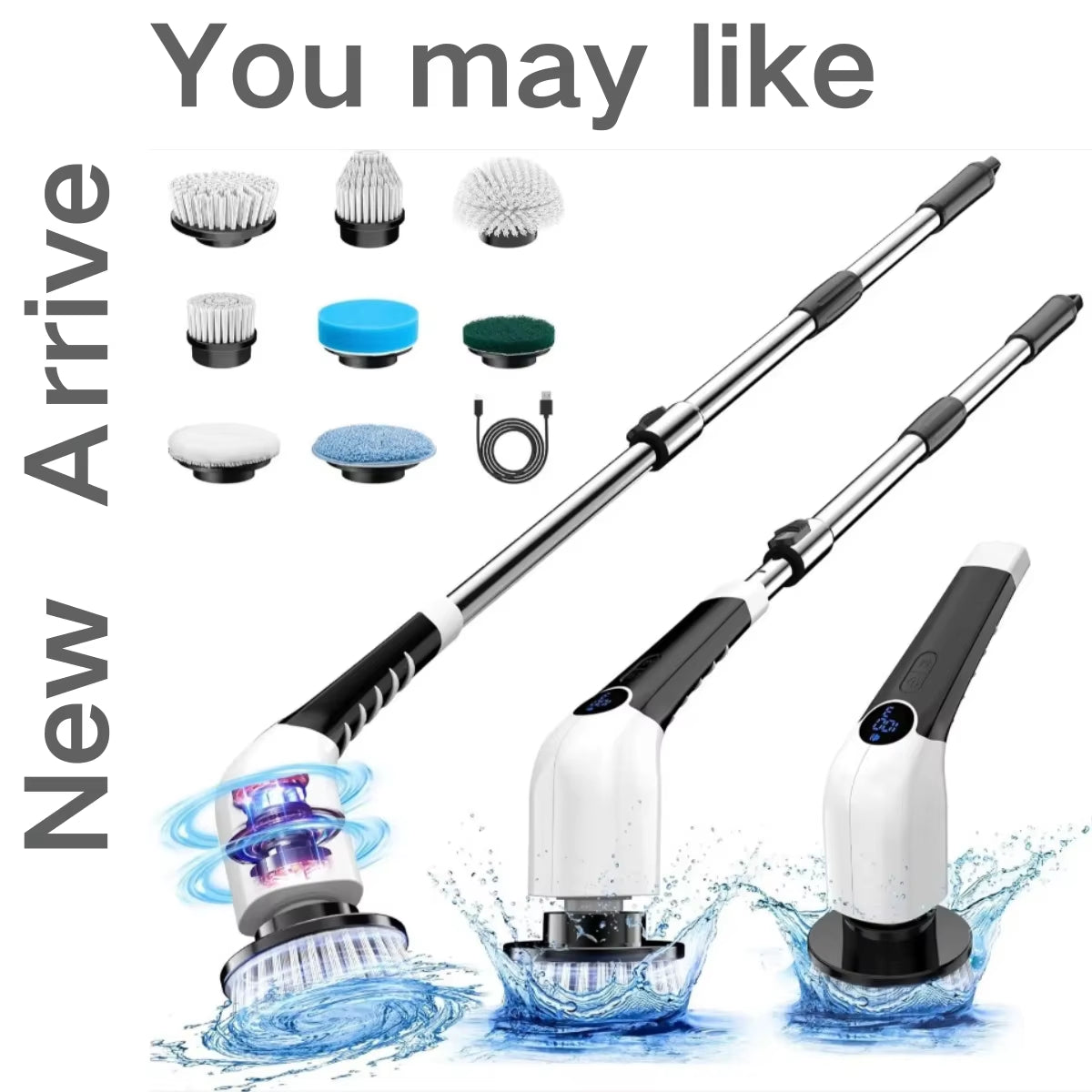 Electric Spin Scrubber Cleaning Brush Chargeable Cordless Power Turbo Scrub Scrubber with Extension Handle Adaptive Brush