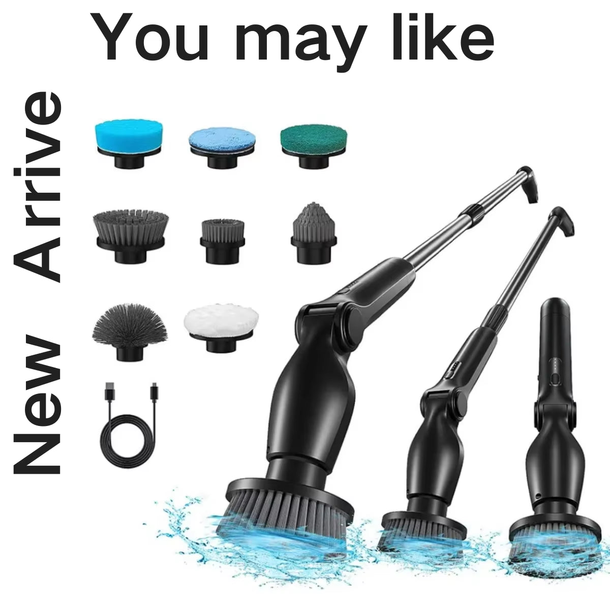 Electric Spin Scrubber Cleaning Brush Chargeable Cordless Power Turbo Scrub Scrubber with Extension Handle Adaptive Brush