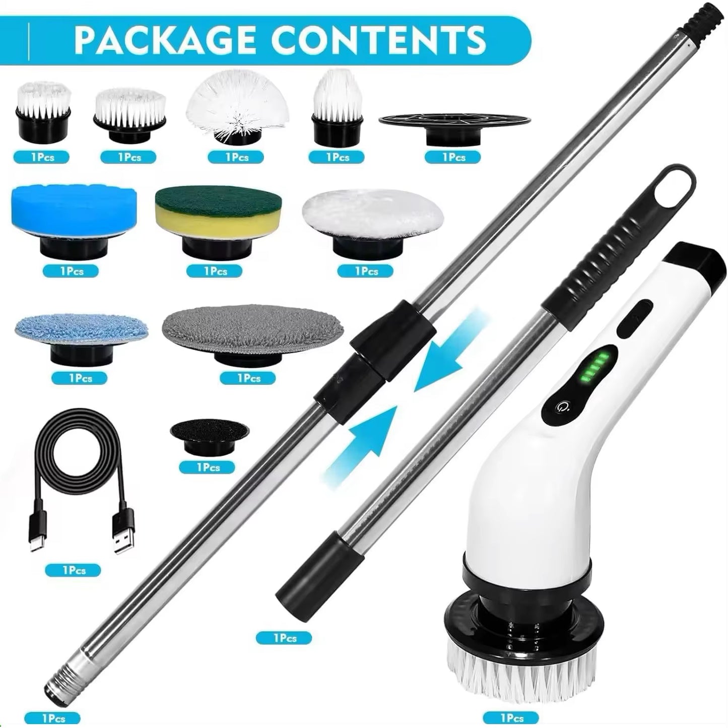 Electric Spin Scrubber Cleaning Brush Chargeable Cordless Power Turbo Scrub Scrubber with Extension Handle Adaptive Brush