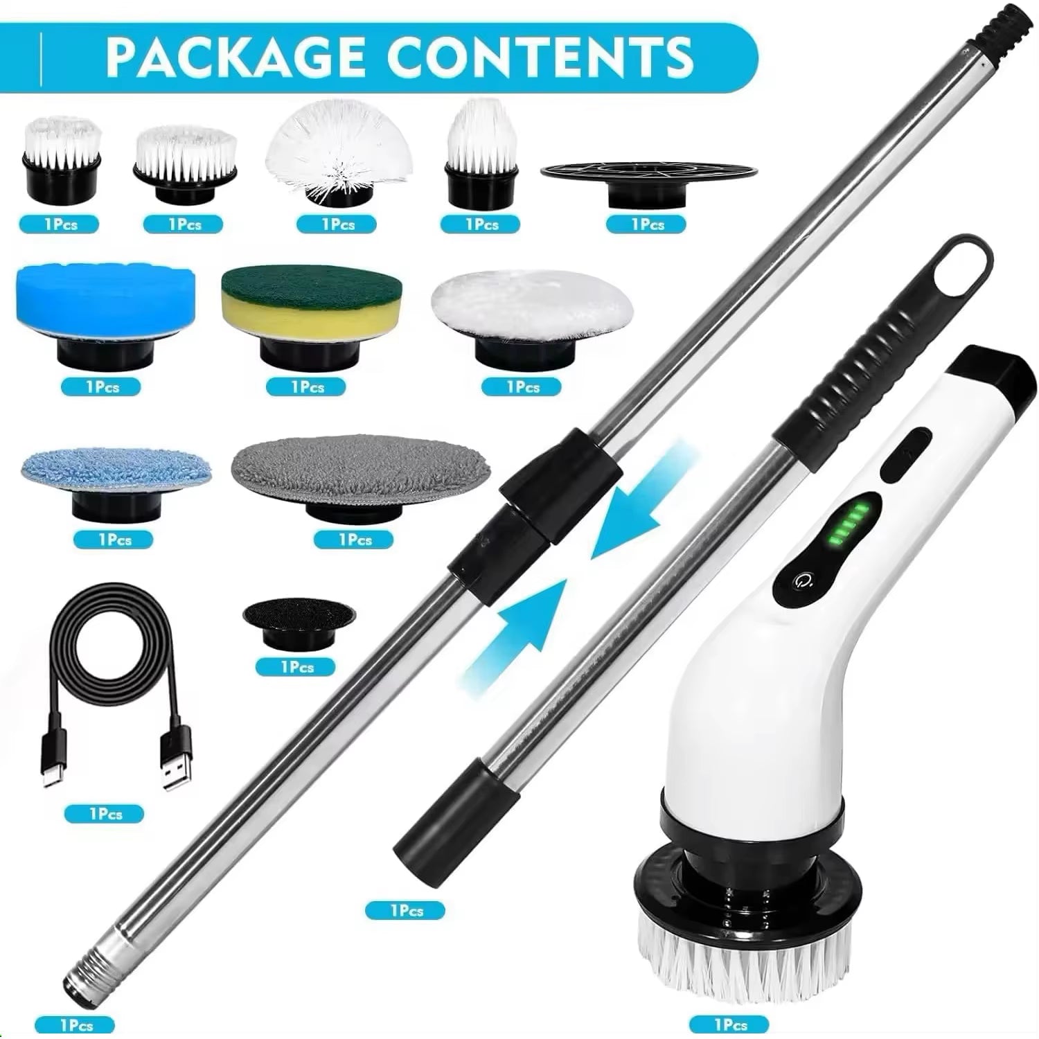 Electric Spin Scrubber Cleaning Brush Chargeable Cordless Power Turbo Scrub Scrubber with Extension Handle Adaptive Brush