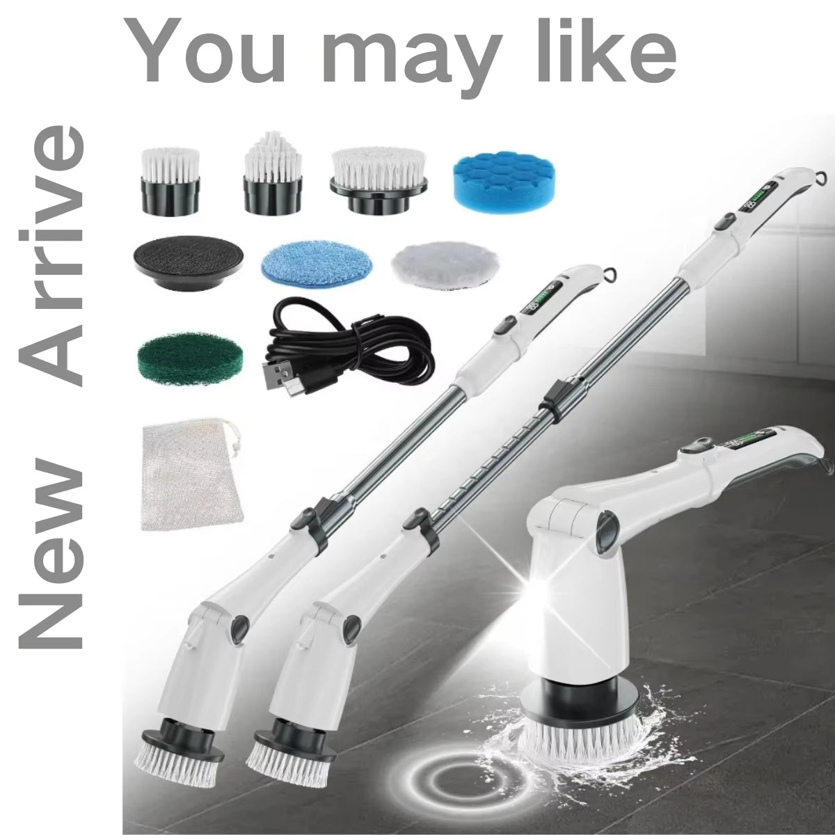 Electric Spin Scrubber Cleaning Brush Chargeable Cordless Power Turbo Scrub Scrubber with Extension Handle Adaptive Brush